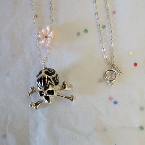 CORPUS CHRISTI 925 SILVER 3D SKULL CROSS BONES W/ FLOWERS
